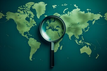 Green World Map With A Magnifying Glass On An Isolated Background, Generative AI