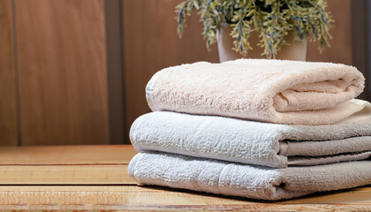 Obraz na płótnie Canvas Soft towels in the bathroom on wooden table