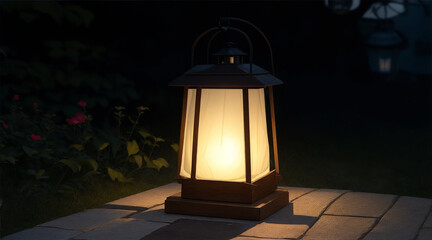 A lantern with the light on in the background. Generative AI.