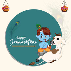 vector happy janmashtami background with matki makhan and cow