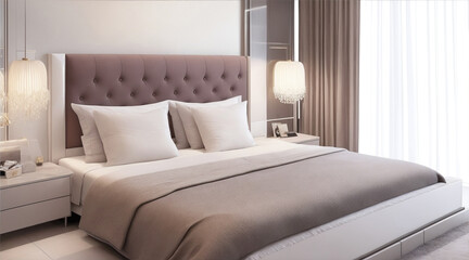 Luxury modern bedroom with comfortable double bed. Generative AI.