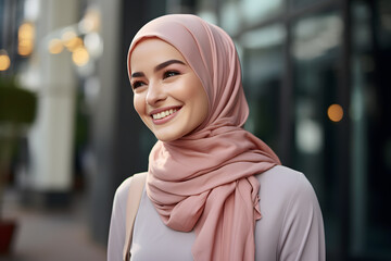 A woman wearing a hijab and smiling - obrazy, fototapety, plakaty