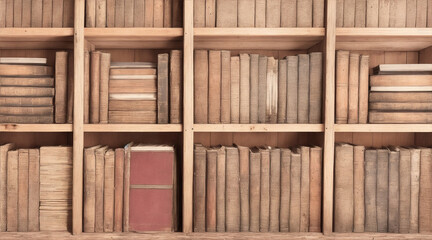 Stacks of old literature on wooden shelves. Generative AI.