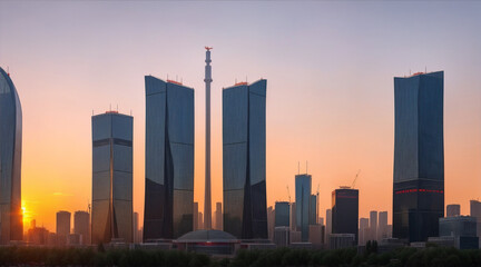 Fototapeta na wymiar Sunset illuminates modern beijing skyline steel skyscrapers reflect. Generative AI.