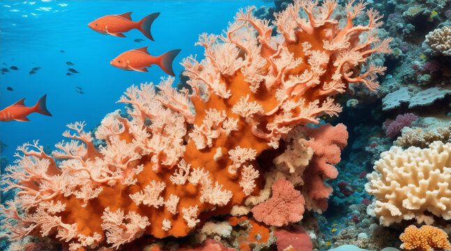 Multi Ed fish swarm soft coral in tropical reef. Generative AI.