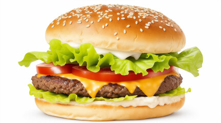Hamburger isolated on white background fresh burger fast food with beef and cheese. Generative AI.