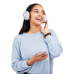Happy woman, headphones and listening to music with phone isolated on a transparent PNG background....