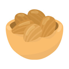 Shelled almond seeds in bowl vector illustration. Cartoon drawing of fresh ingredient for cooking oil isolated on white background. Organic food, nutrition, diet, culinary concept