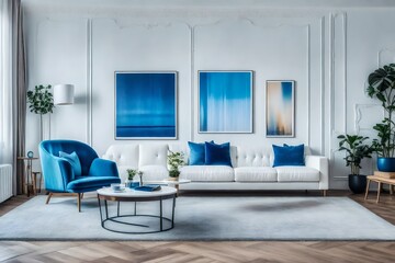 Blue theme modern living room with furniture. AI-Generated