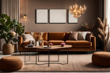 Modern living room with brown sofa and wall. AI-Generated