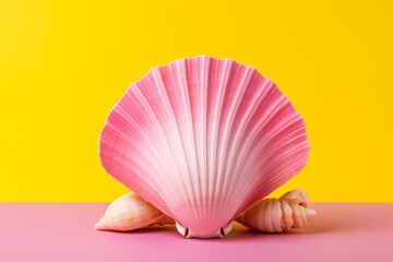 Pink Seashell On An Isolated Yellow Background, Generative AI