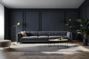 Modern living room with grey sofa and wall. AI-Generated