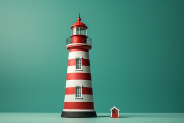 Red And White Lighthouse On An Isolated Green Background, Generative AI