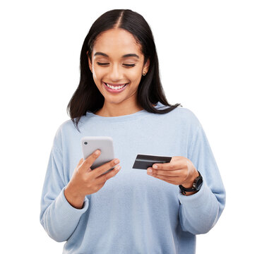 Happy woman, phone and credit card for online payment, fintech or ecommerce isolated on a transparent PNG background. Female person or shopper smile for banking transaction on mobile smartphone app