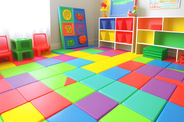 Children's playroom with colorful plastic educational toy blocks. Floor game for kindergarten preschoolers. Free space. chalkboard mocking background. Colorful design