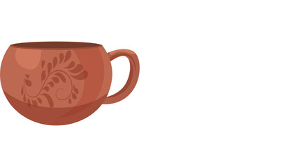 Brown ceramic teacup with ornament vector illustration. Cartoon drawing of cup isolated on white background. Kitchenware, pottery, teatime concept