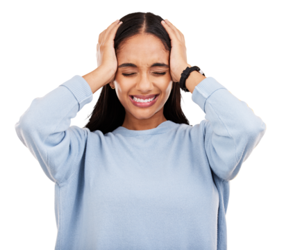 Stress, frustrated and woman with headache pain isolated in a transparent or png background with anxiety or depression. Angry, migraine and young female person with tension, strain and fatigue
