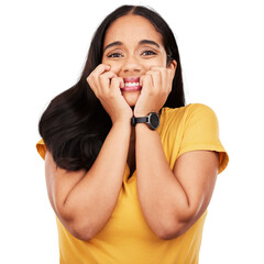 Nervous, fear and portrait of woman isolated on a transparent png background with stress, anxiety...