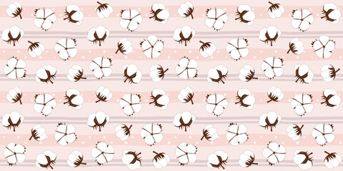 Abstract cotton flowers on a light pink striped background. Floral endless texture with cute white flowers. Vector seamless pattern for wrapping paper, giftwrap, surface texture or printing on clothes