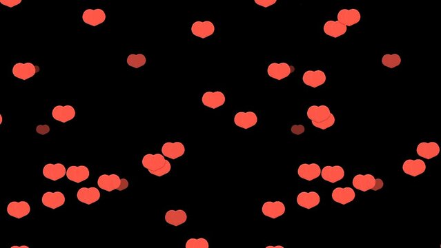 Animation of hearts falling on black background, 4K, HD , red hearts, seamless looping, rain of hearts, shiny hearts dropping, red hearts confetti, falling hearts, love marriage concept, valentine day