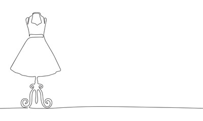 One line continuous dress on a mannequin. Line art of fashion concept banner. Outline vector illustration.