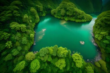 bird's eye view of green grass and water.. AI-Generated