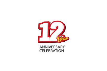 12 year anniversary minimalist logo, jubilee, greeting card. Birthday invitation, sign. Red space vector illustration on white background - Vector