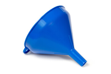 Blue plastic funnel on a white background. Household watering can close-up.