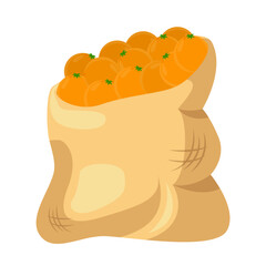 Bag full of tangerines or oranges vector illustration. Cartoon drawing of sack with citruses or mandarins isolated on white background. Organic food, fruit, nutrition concept