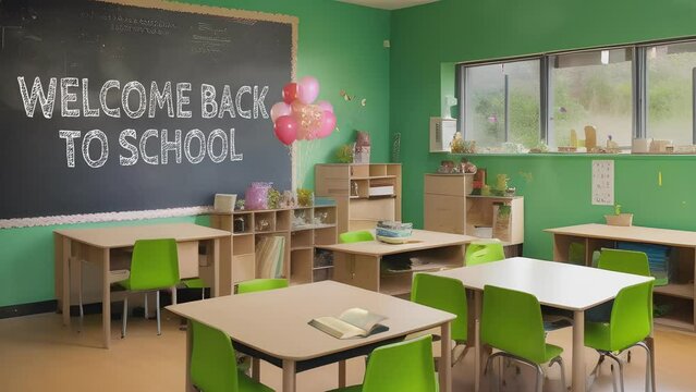 Cute kids school classroom and black chalkboard with "Welcome Back To School" text. Realistic 3D Render and seamless looping 4K virtual video animation background.