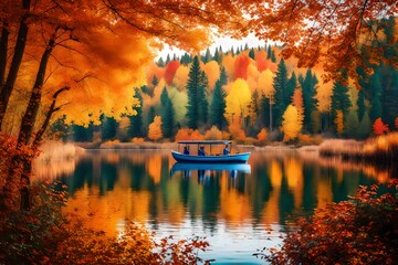 autumn, river, boat in forest. AI-Generated