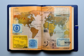 Yellow Passport With Travel Stamp On An Isolated Blue Background, Generative AI
