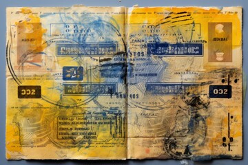 Yellow Passport With Travel Stamp On An Isolated Blue Background, Generative AI