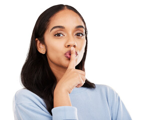 Secret, whisper and woman portrait with news info on isolated, transparent or png background....