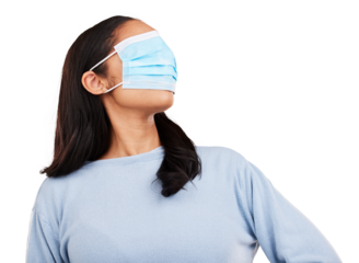 Covid, face mask and woman with blindfold for medical, crazy and healthcare on png or transparent background. Comic, funny and isolated female with protection for vaccine, virus and pandemic safety