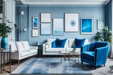Blue theme living room design. AI-Generated