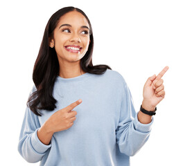 Happy woman, hands and pointing for advertising isolated on a transparent PNG background. Female...