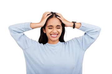 Angry, frustrated and woman with headache pain isolated in a transparent or png background with...