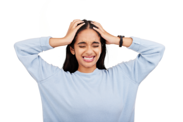 Angry, frustrated and woman with headache pain isolated in a transparent or png background with anxiety or depression. Stress, migraine and young female person with tension, strain and fatigue