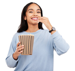 Happy portrait, woman or eating popcorn, food and watch television show, subscription film or movie...