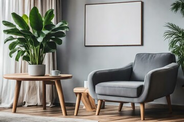 modern living room with grey chair and white mockup on the wall. AI-Generated