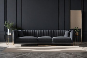 Dark black sofa and wall living room idea.. AI-Generated