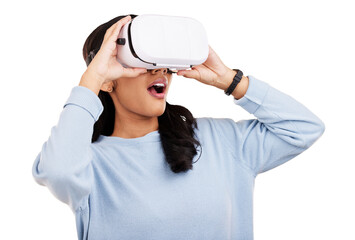 Surprise, virtual reality headset and metaverse woman shocked with digital transformation news,...