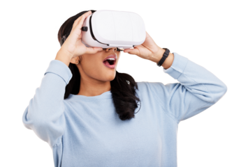 Surprise, virtual reality headset and metaverse woman shocked with digital transformation news, matrix or gaming announcement. Video game experience, wow or meta person on transparent, png background