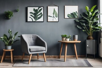Grey and white theme modern living room with plant. AI-Generated