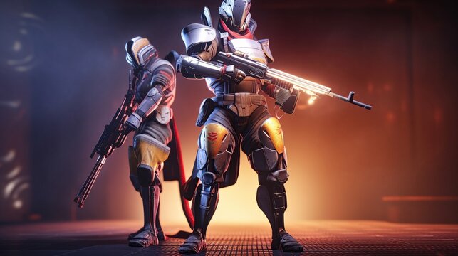 Sci-fi gaming character in futuristic suit aiming weapon,shooting gun,illustration, game