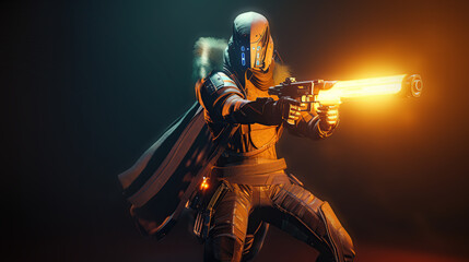 Sci-fi gaming character in futuristic suit aiming weapon,shooting gun,illustration, game