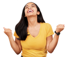 Happy woman, fist pump and celebration for winning bonus promotion isolated on a transparent PNG background. Excited female person smile for lottery prize, victory achievement or good news in success