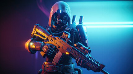 Sci-fi gaming character in futuristic suit aiming weapon,shooting gun,illustration, game
