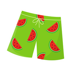 Green swimming shorts with watermelons vector illustration. Cartoon drawing of male swimwear design with ornament on white background. Summer, vacation, fashion concept